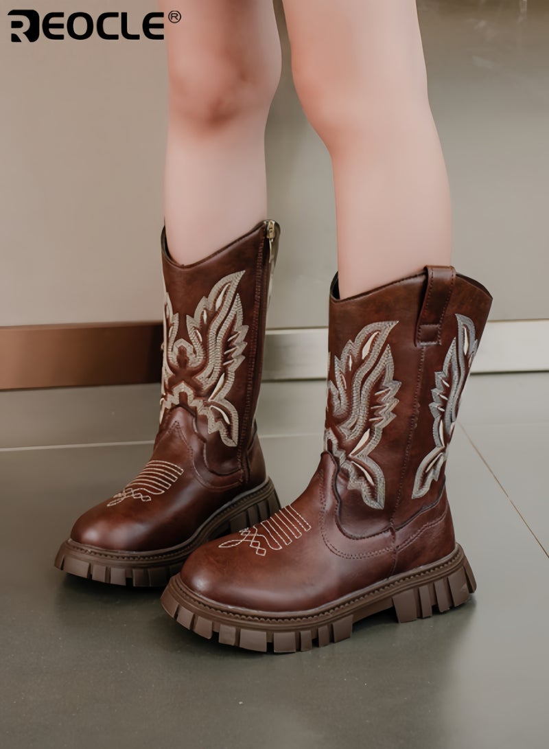REOCLE Girl's Western Boots with Embroidered Cowgirl Design and Mid Calf Height Cowboy Riding Boots with Durable Construction for Little Big Kid Wear - Image 2